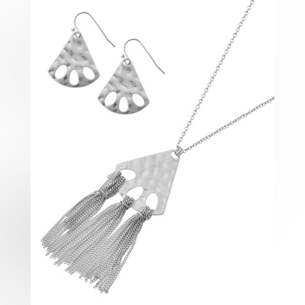 Silver Hammered Triangle Fringe Necklace & earring